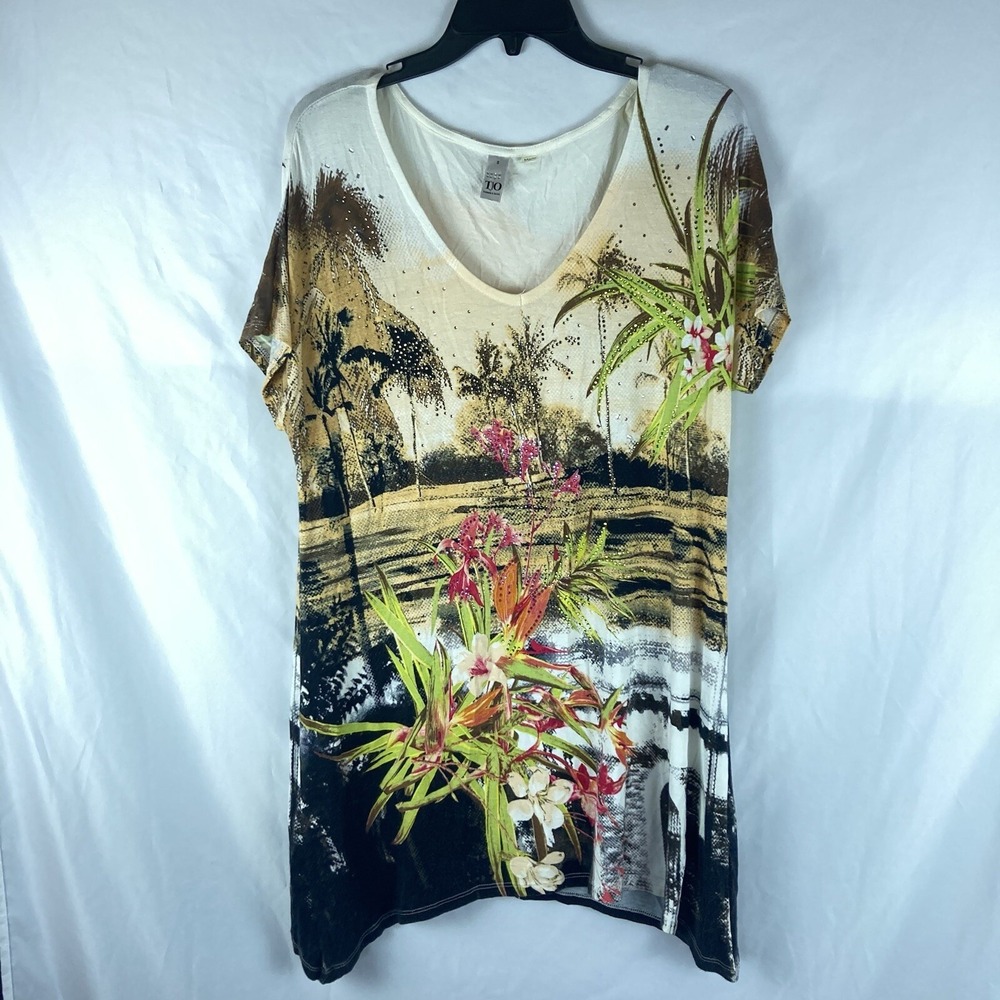 Thomas & Olivia Womens Palm Tree Tropical Sequin Embellished Blouse Shirt Small